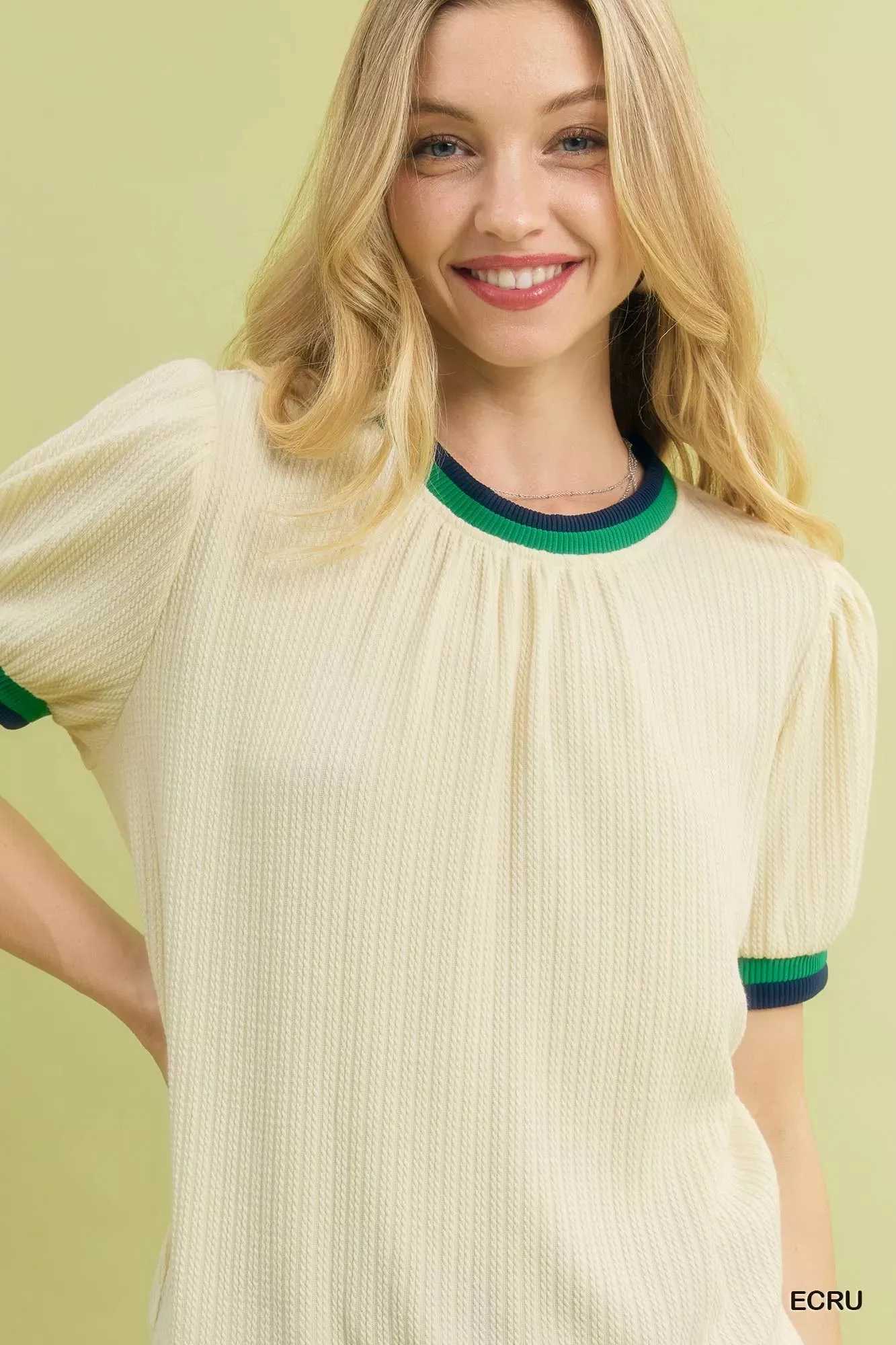 Umgee Puff Sleeve Knit Top with Contrast Rib Trim sold by Charming Charlie product image thumbnail 5