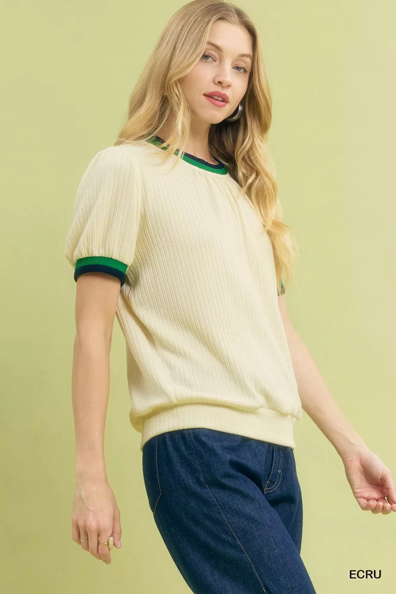 Umgee Puff Sleeve Knit Top with Contrast Rib Trim sold by Charming Charlie product image thumbnail 2