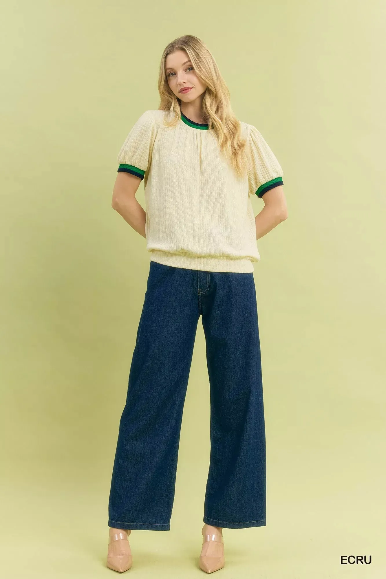 Umgee Puff Sleeve Knit Top with Contrast Rib Trim sold by Charming Charlie product image thumbnail 4