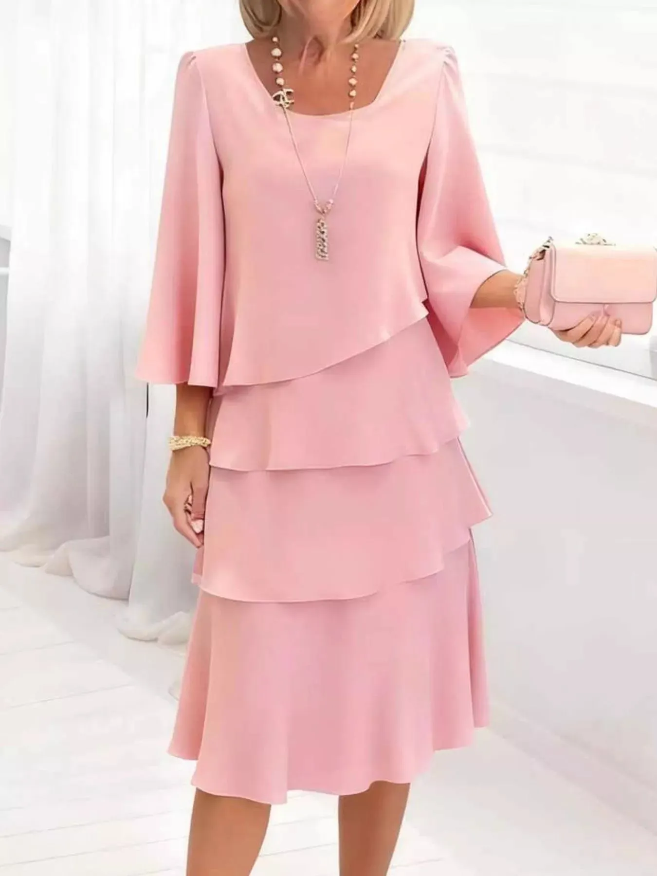 Full Size Ruffled Layered 3/4 Sleeve Dress Plus Size sold by Charming Charlie