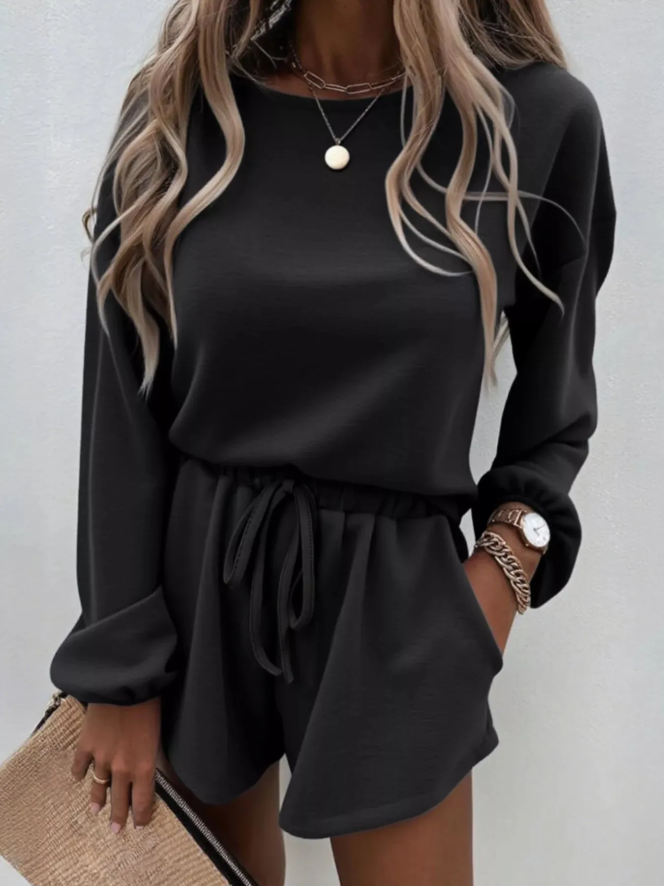 Casual Solid Color Top and Drawstring Shorts Two-Piece Set sold by Charming Charlie product image thumbnail 2