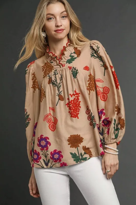 Umgee Flower Print Blouse with Scalloped Neckline sold by Charming Charlie