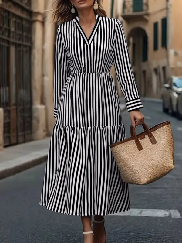 Striped Notched Long Sleeve Midi Dress sold by Charming Charlie