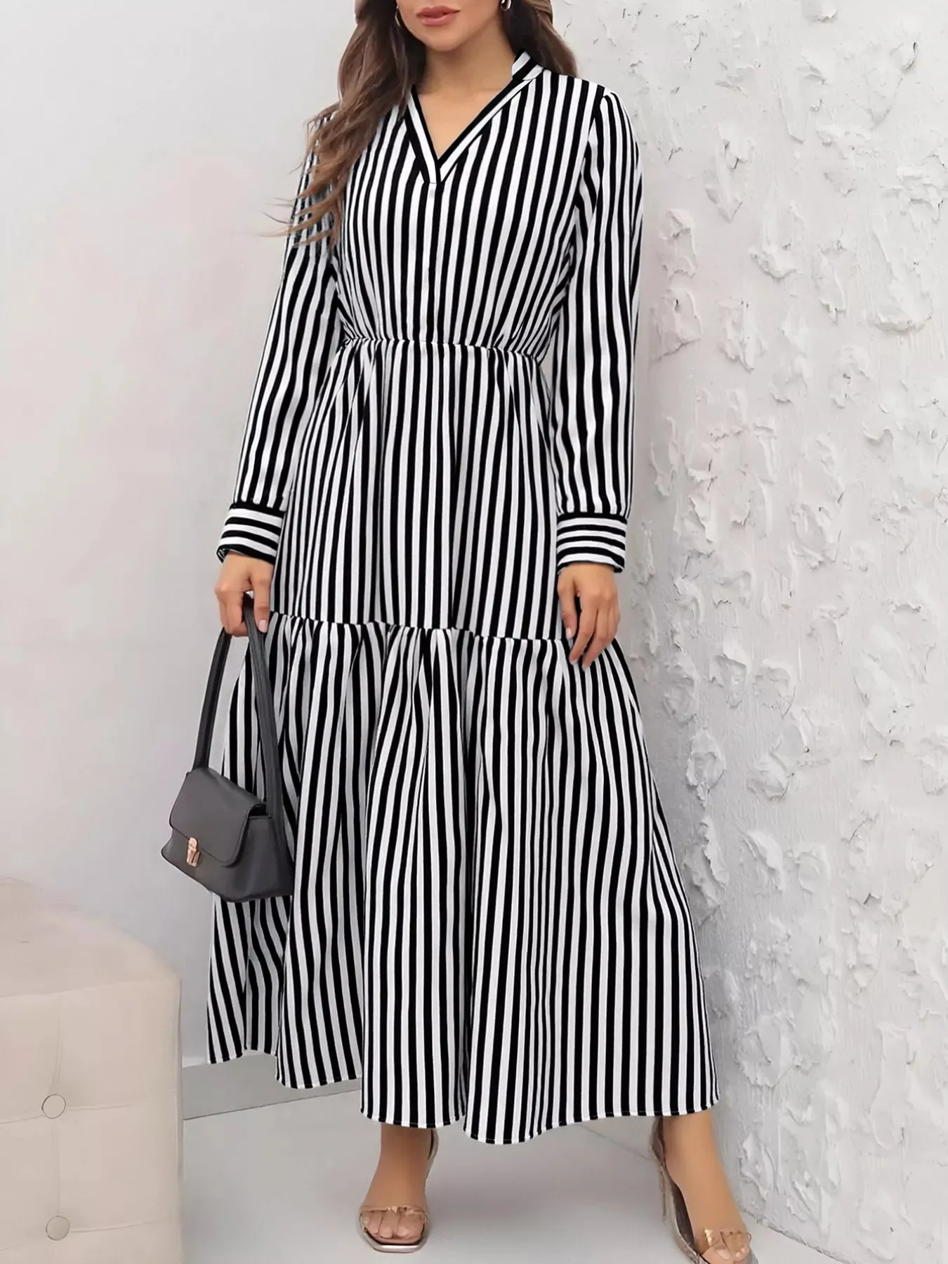 Striped Notched Long Sleeve Midi Dress sold by Charming Charlie product image thumbnail 2