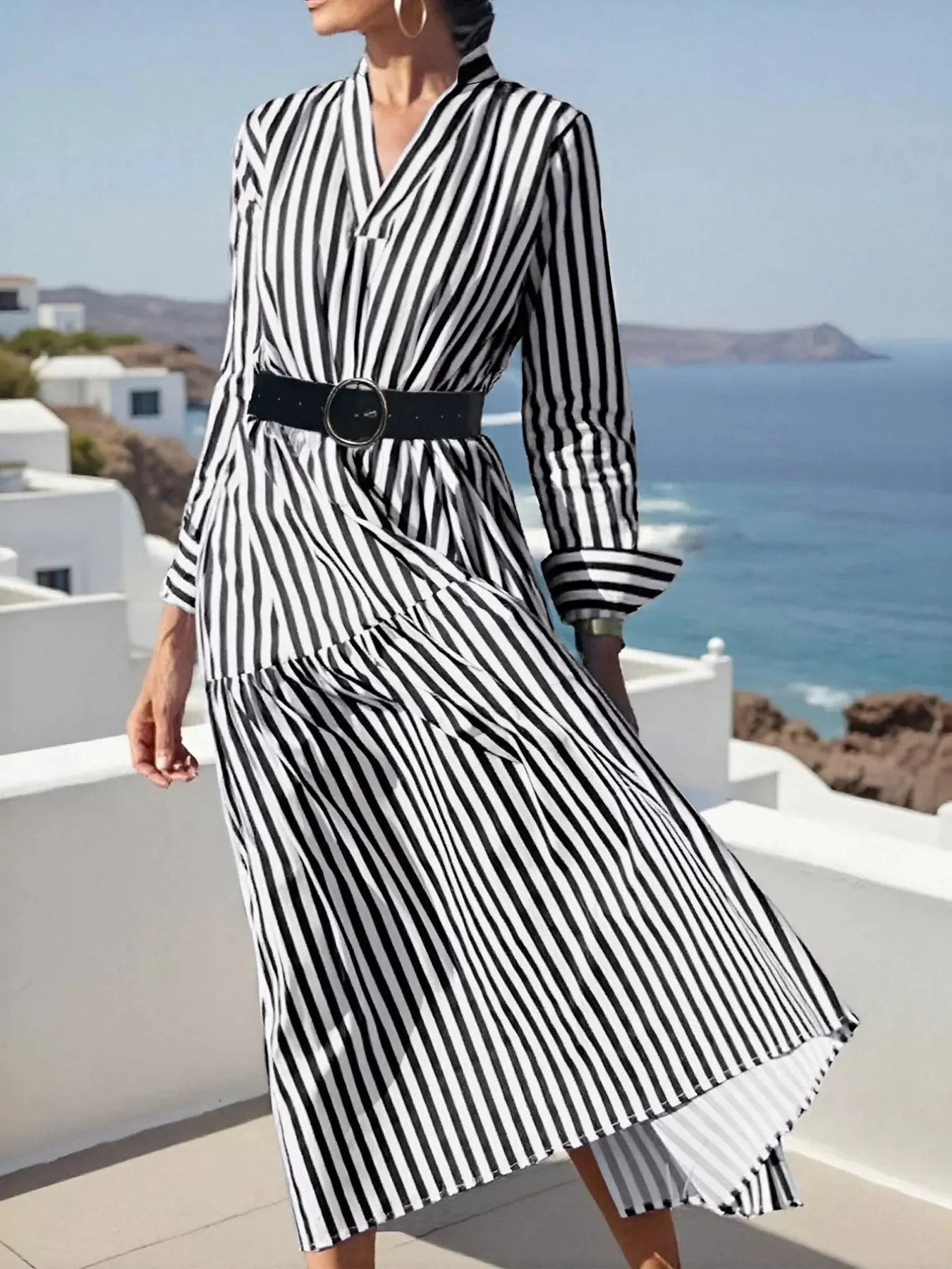 Striped Notched Long Sleeve Midi Dress sold by Charming Charlie product image thumbnail 3
