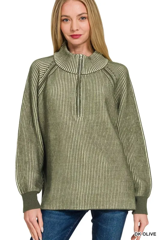 Zenana Ribbed Two Tone Half Zip Sweater sold by Charming Charlie