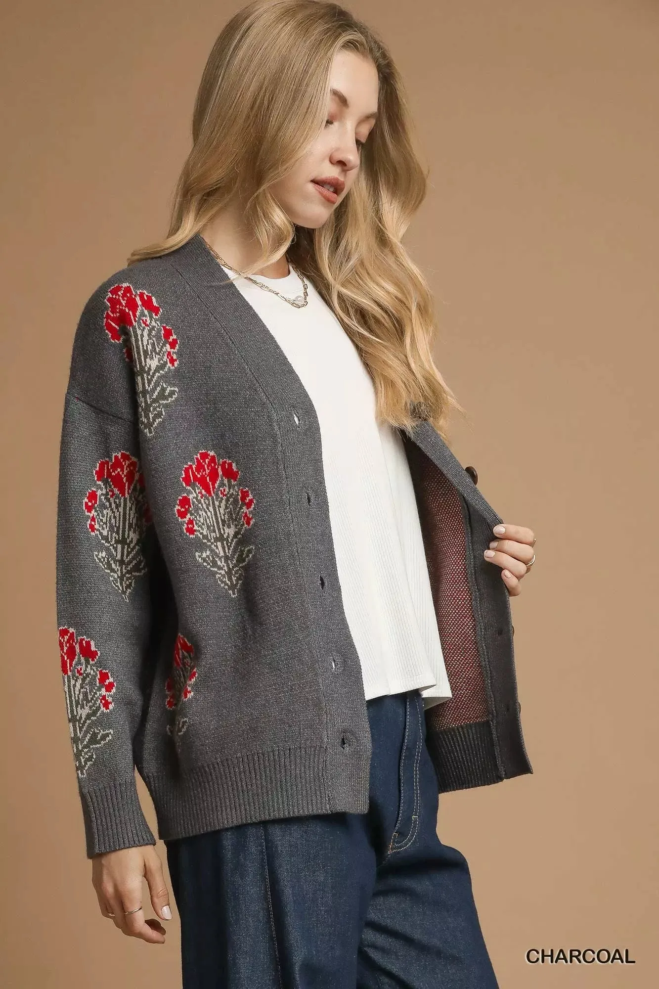 Umgee Single Flower Stem Jacquard Cardigan Sweater sold by Charming Charlie product image thumbnail 2