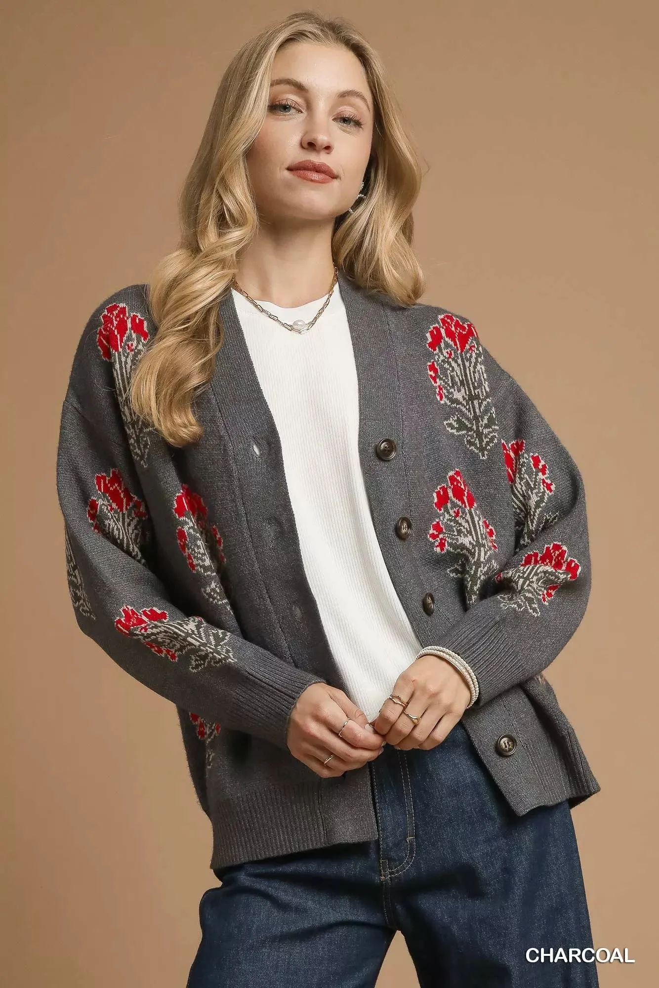 Umgee Single Flower Stem Jacquard Cardigan Sweater sold by Charming Charlie