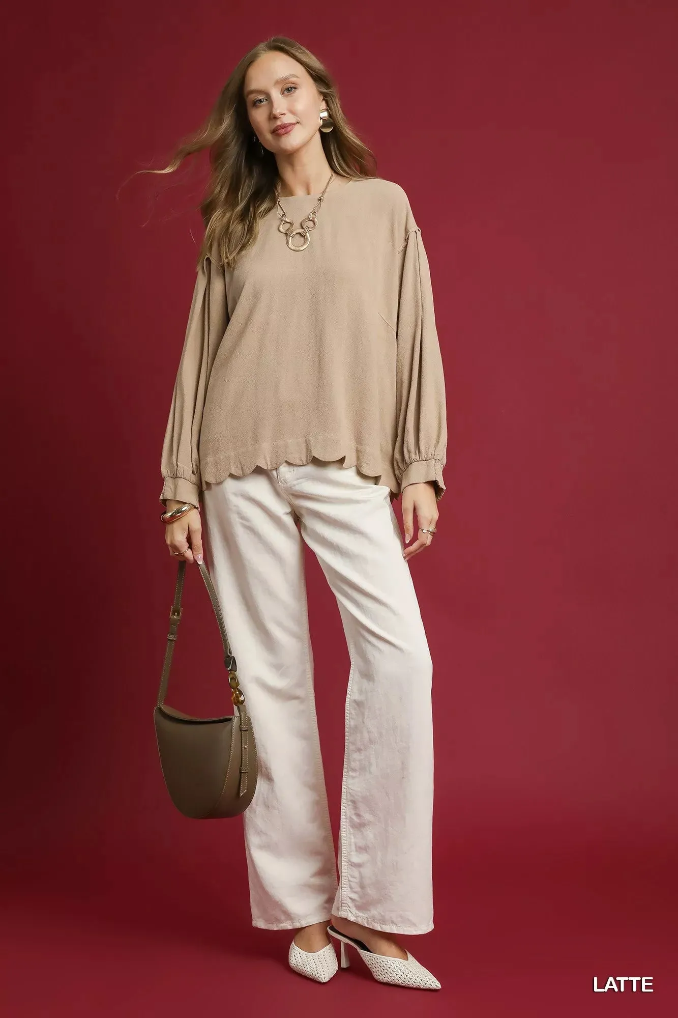 Umgee Linen Scallop Hem Long Sleeve Blouse sold by Charming Charlie product image thumbnail 4