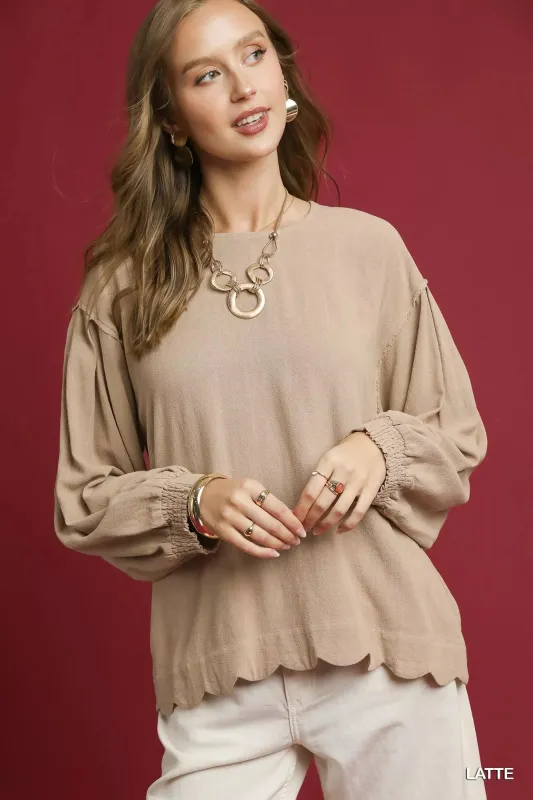 Umgee Linen Scallop Hem Long Sleeve Blouse sold by Charming Charlie