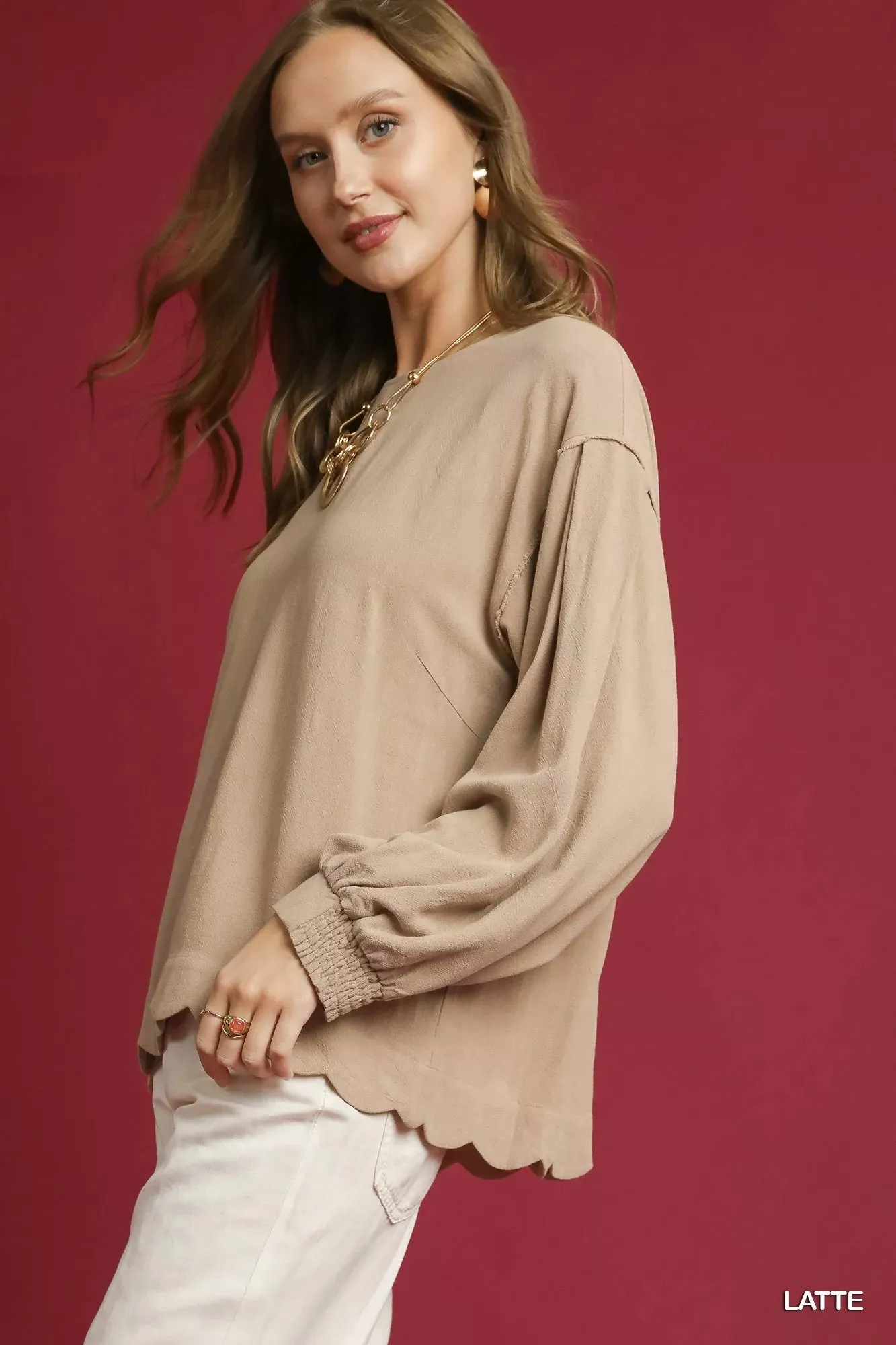 Umgee Linen Scallop Hem Long Sleeve Blouse sold by Charming Charlie product image thumbnail 2