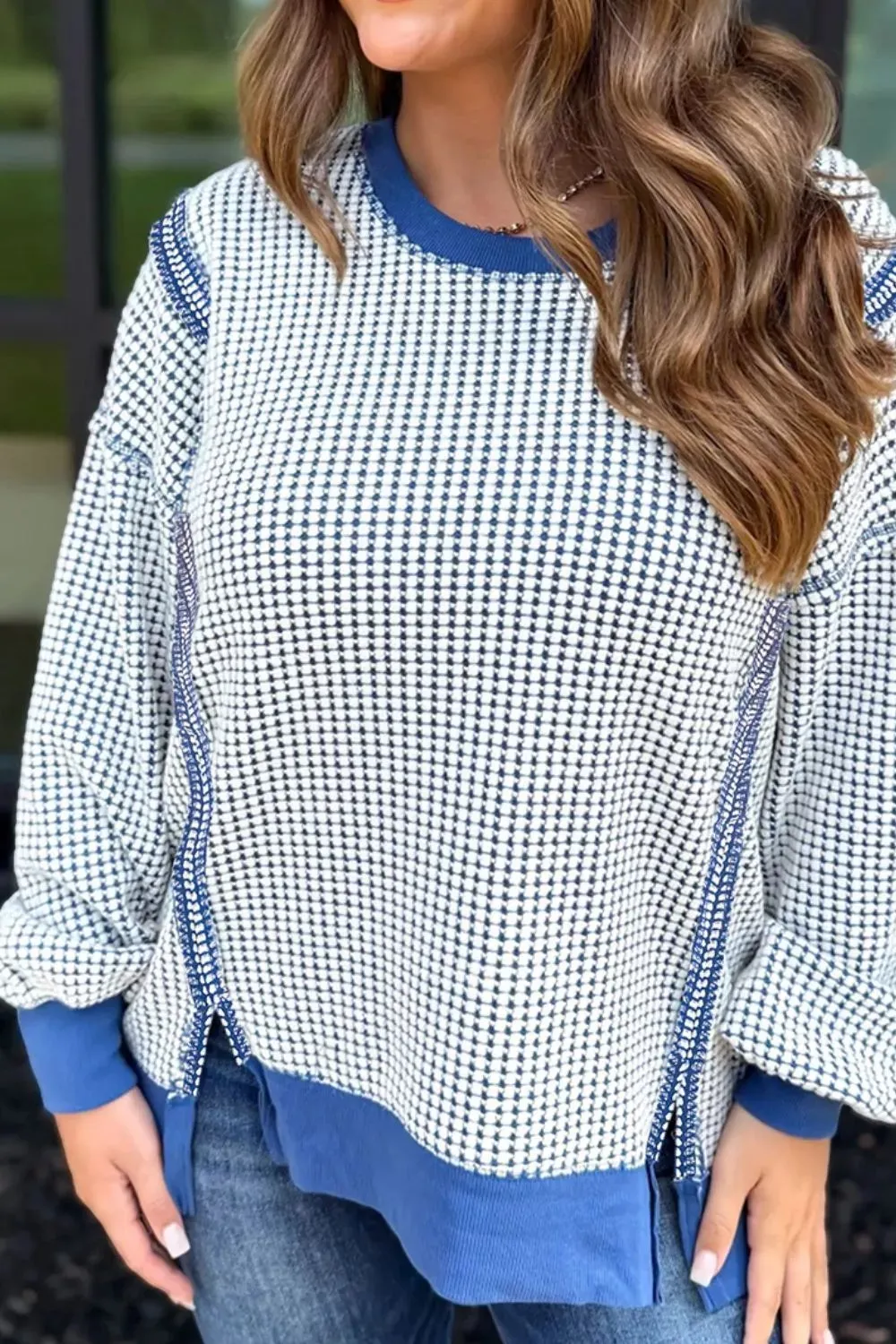 Contrast Stitching Slit Round Neck Sweatshirt sold by Charming Charlie product image thumbnail 3