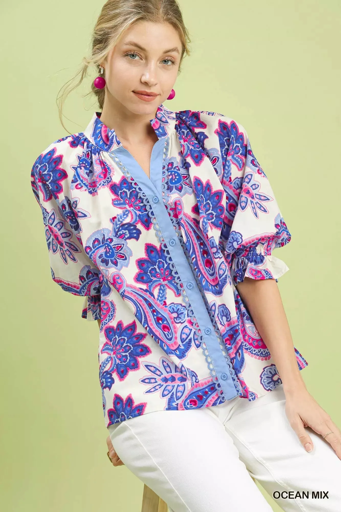 Umgee Paisley Print Button Front Blouse with Scallop Trim Detail sold by Charming Charlie product image thumbnail 2