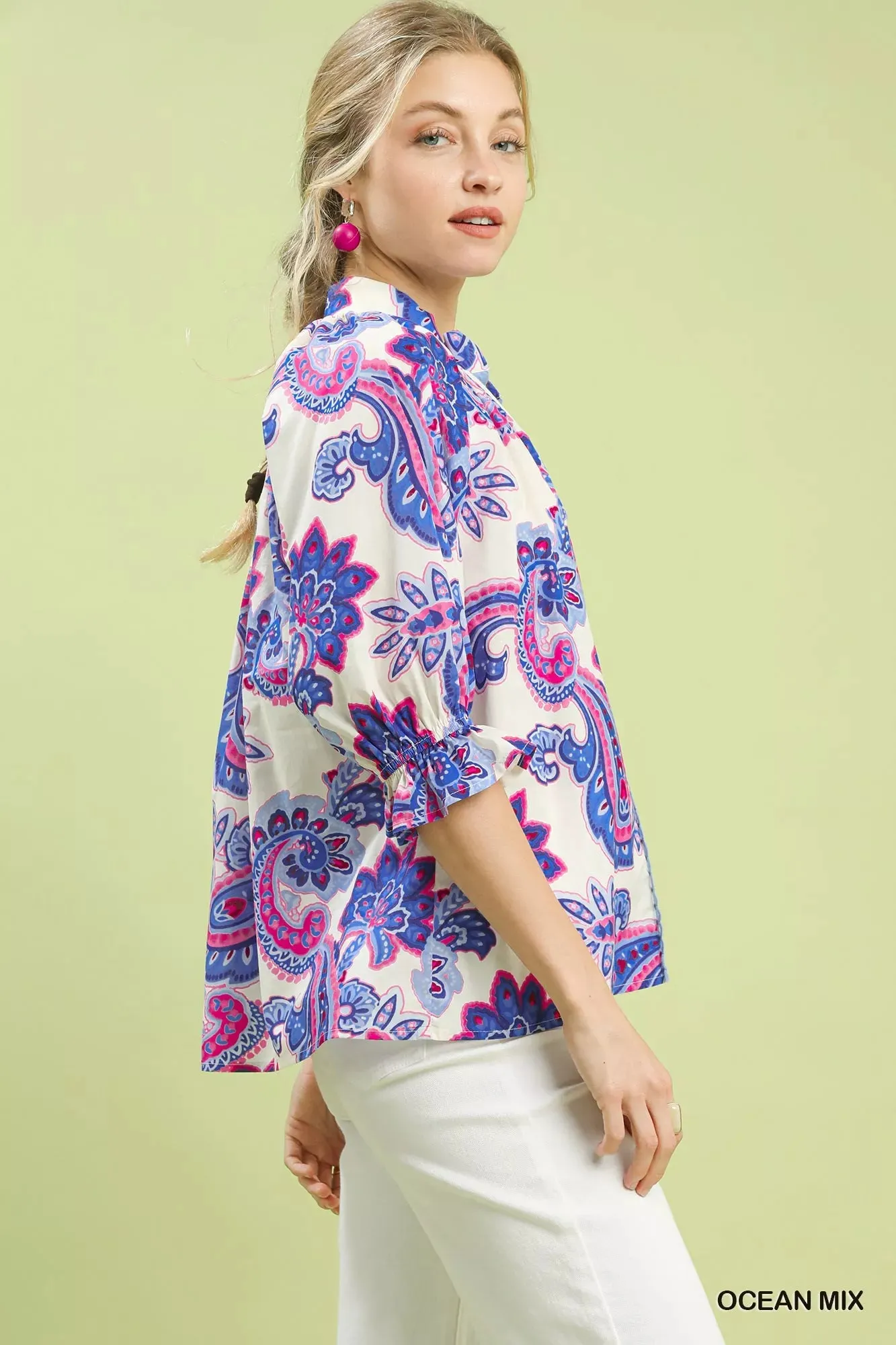 Umgee Paisley Print Button Front Blouse with Scallop Trim Detail sold by Charming Charlie product image thumbnail 3