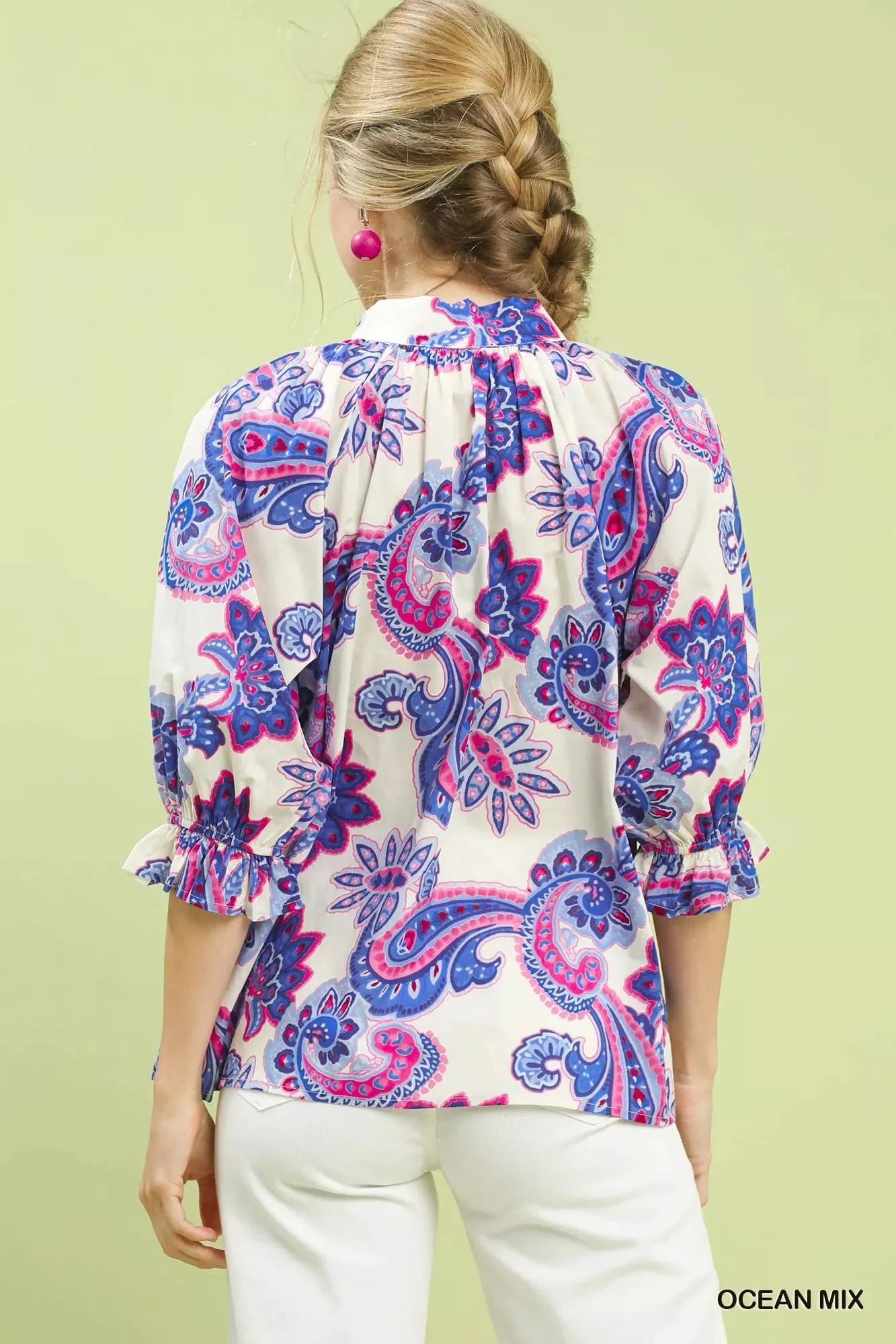 Umgee Paisley Print Button Front Blouse with Scallop Trim Detail sold by Charming Charlie product image thumbnail 4