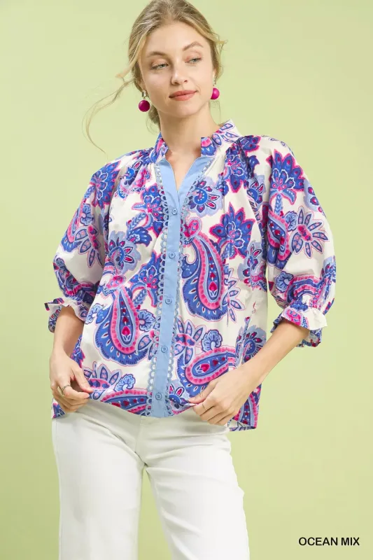 Umgee Paisley Print Button Front Blouse with Scallop Trim Detail sold by Charming Charlie