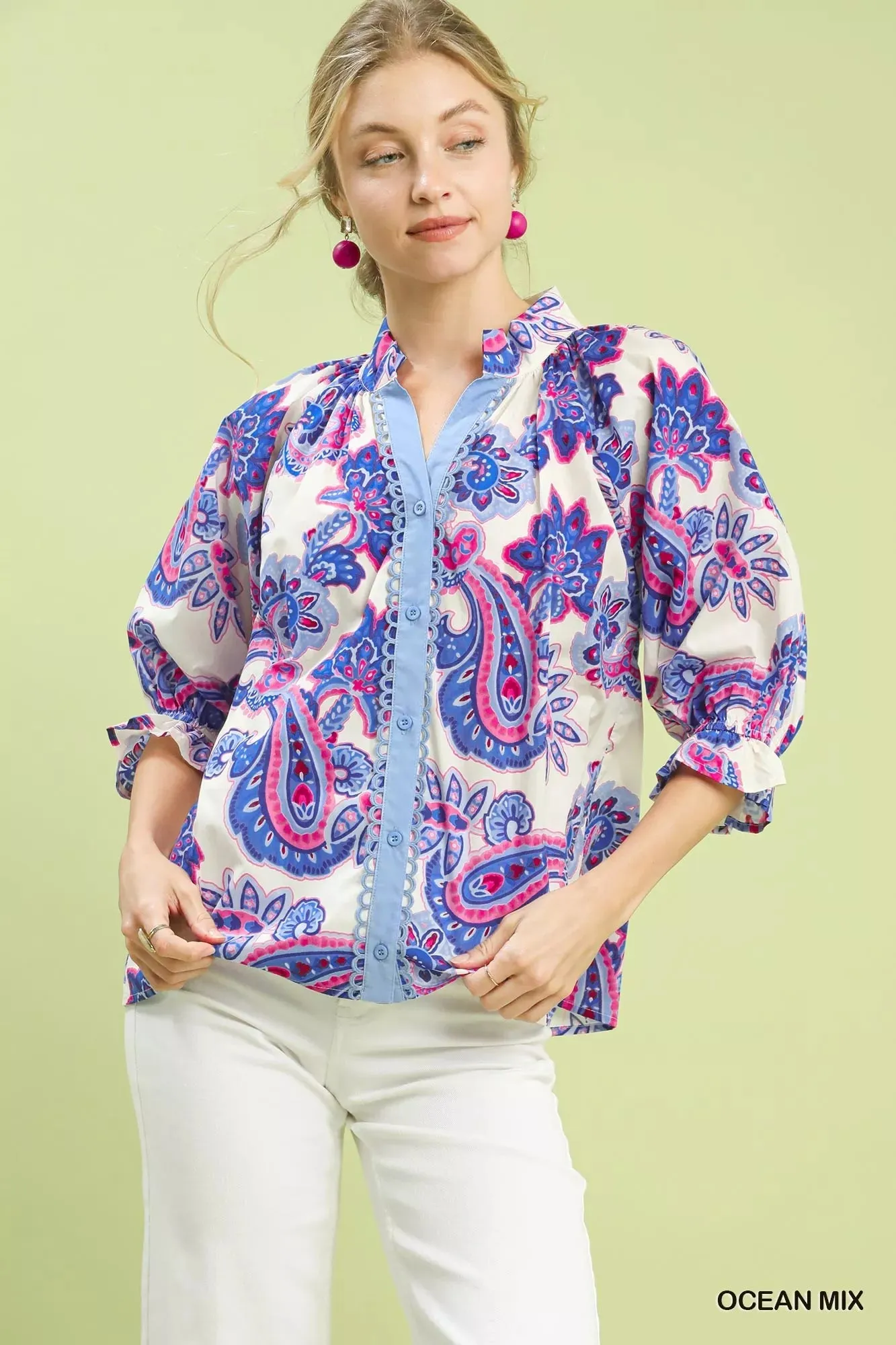 Umgee Paisley Print Button Front Blouse with Scallop Trim Detail sold by Charming Charlie