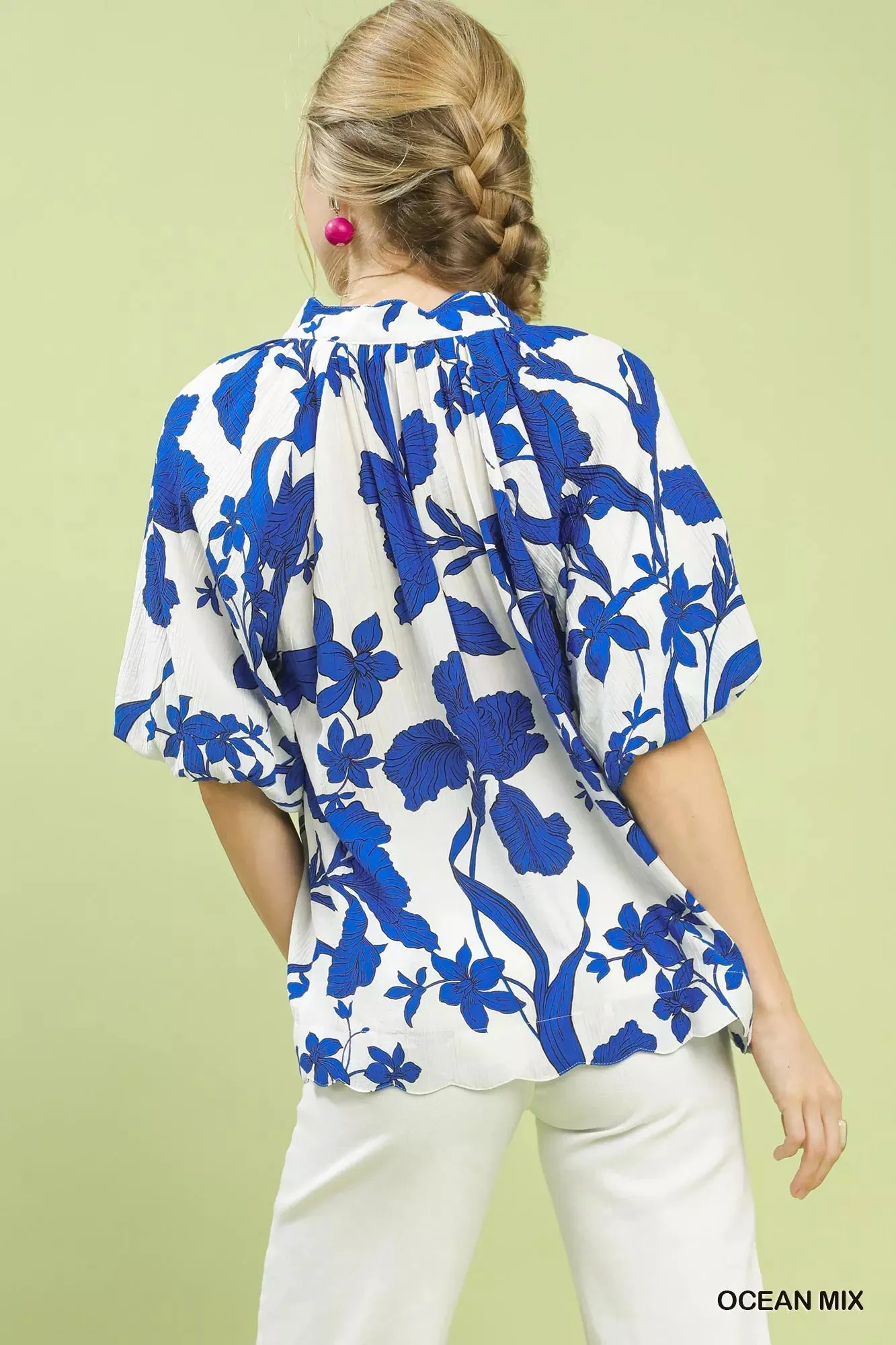 Umgee Floral Print Puff Sleeve Blouse with Scallop Hem sold by Charming Charlie product image thumbnail 3