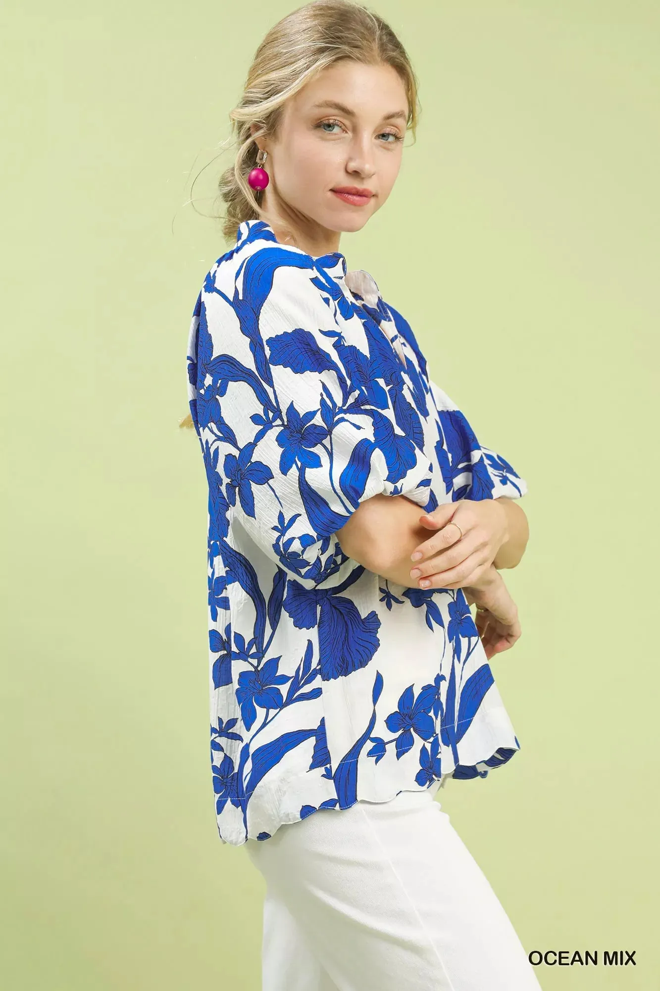 Umgee Floral Print Puff Sleeve Blouse with Scallop Hem sold by Charming Charlie product image thumbnail 2