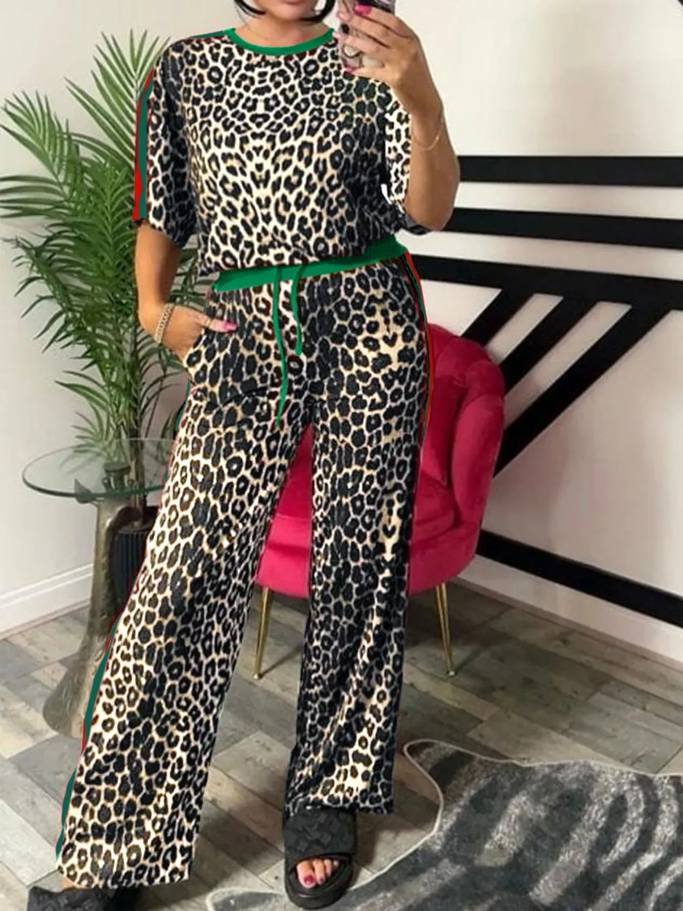 Leopard Round Neck Top and Pants Two-Piece Set sold by Charming Charlie product image thumbnail 2