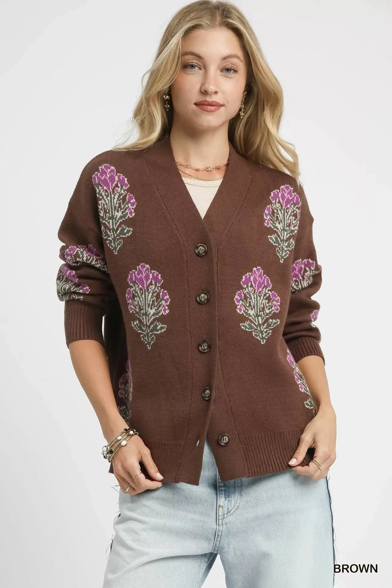Umgee Single Flower Stem Jacquard Cardigan Sweater sold by Charming Charlie