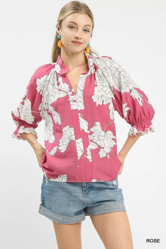 Umgee Peony Illustration Print Flounce Sleeve Blouse made by Trendsi