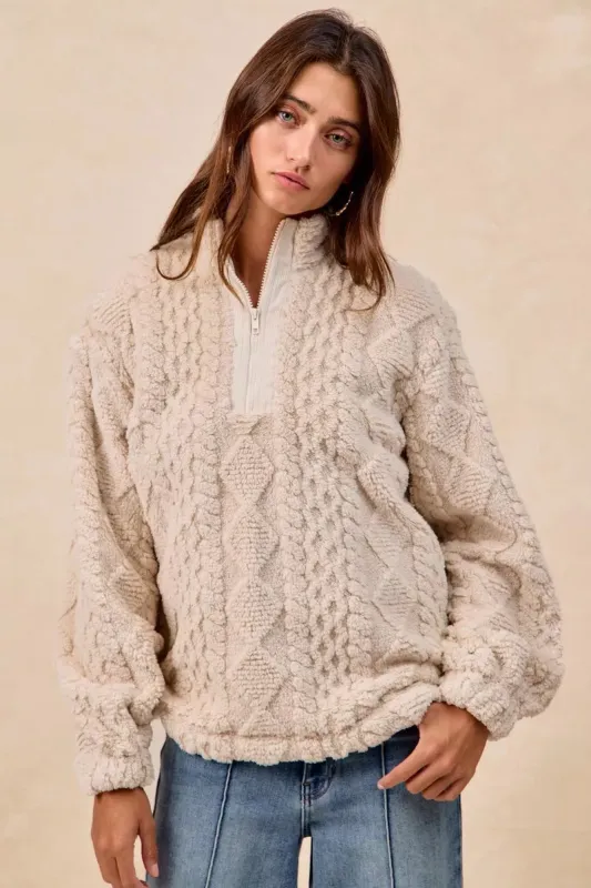 BiBi Patterned Soft Fleece Half Zip Up Top sold by Charming Charlie