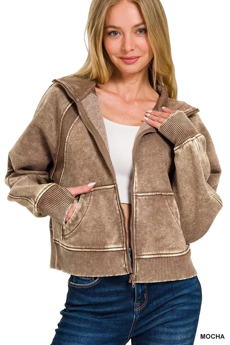 Zenana Acid Wash Zip Up Fleece Jacket sold by Charming Charlie