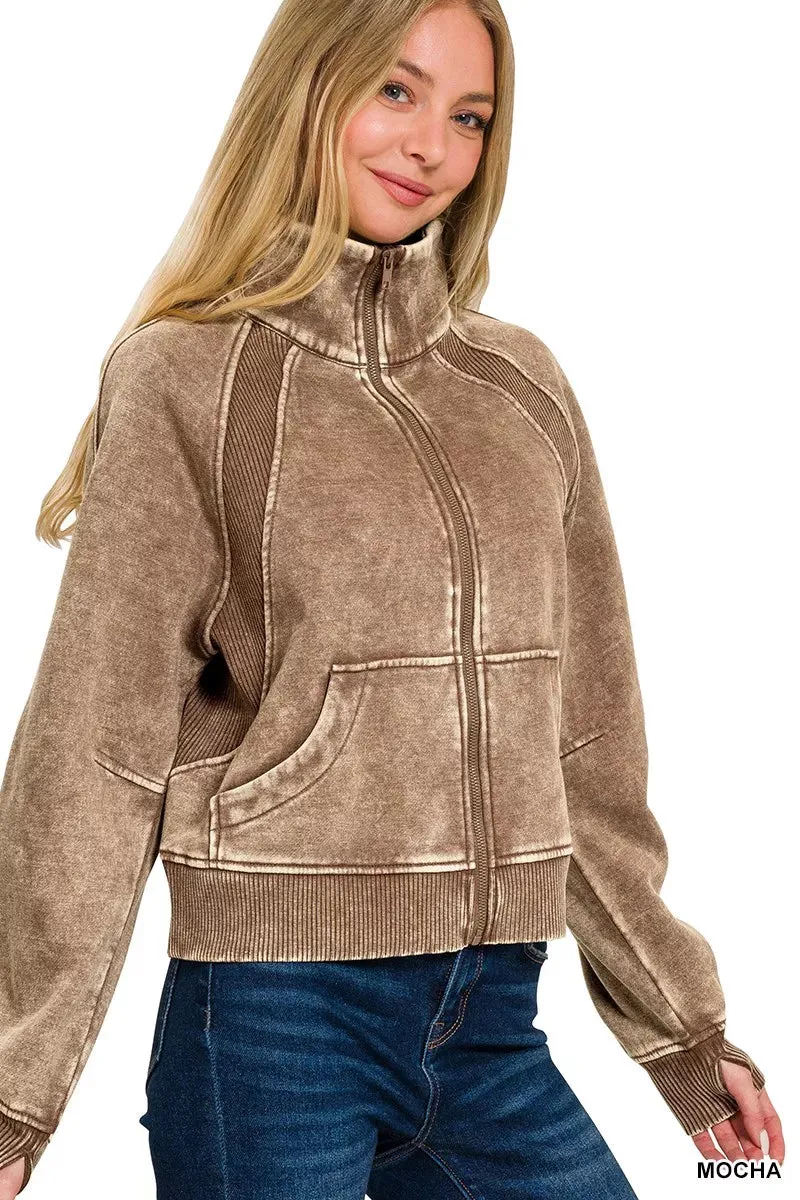 Zenana Acid Wash Zip Up Fleece Jacket sold by Charming Charlie product image thumbnail 2