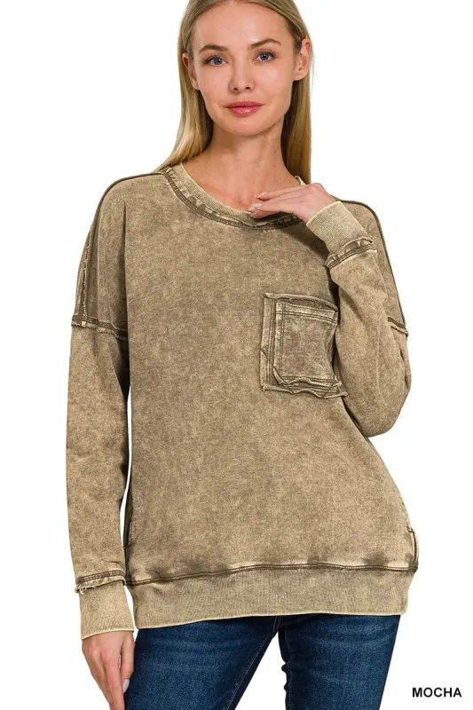 Zenana French Terry Washed Raw Edge Front Pocket Pullover sold by Charming Charlie