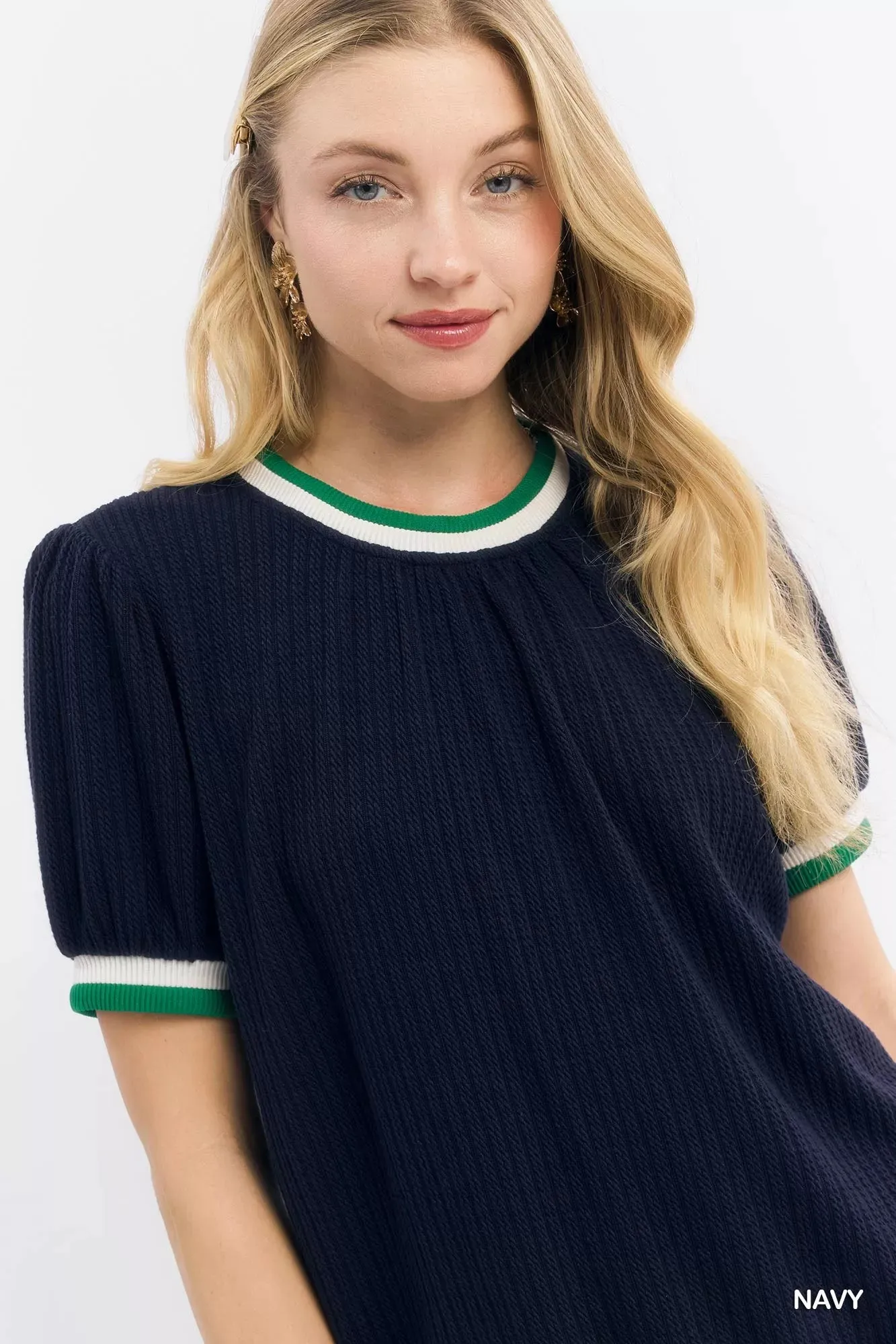 Umgee Puff Sleeve Knit Top with Contrast Rib Trim sold by Charming Charlie product image thumbnail 5