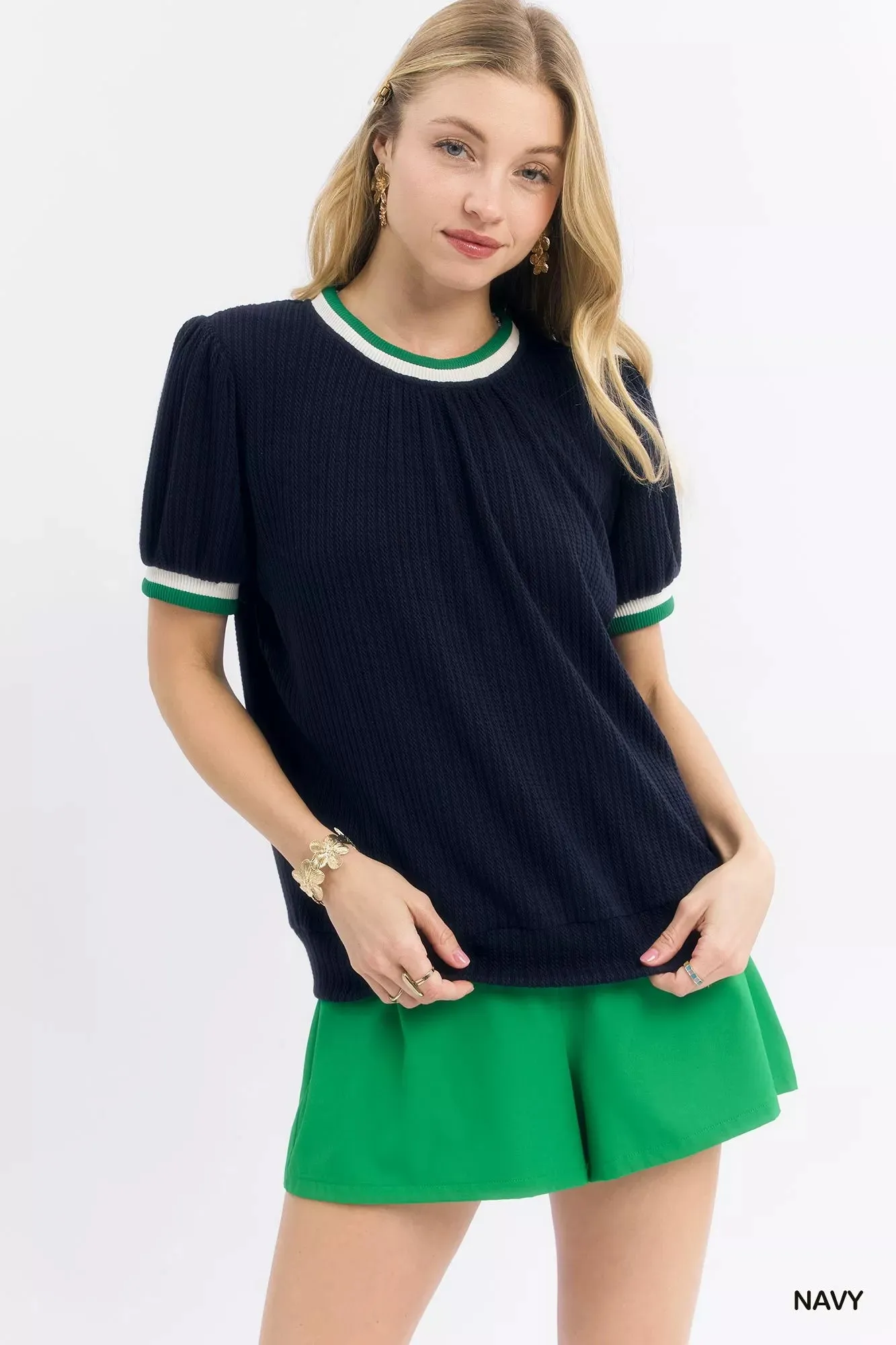 Umgee Puff Sleeve Knit Top with Contrast Rib Trim sold by Charming Charlie