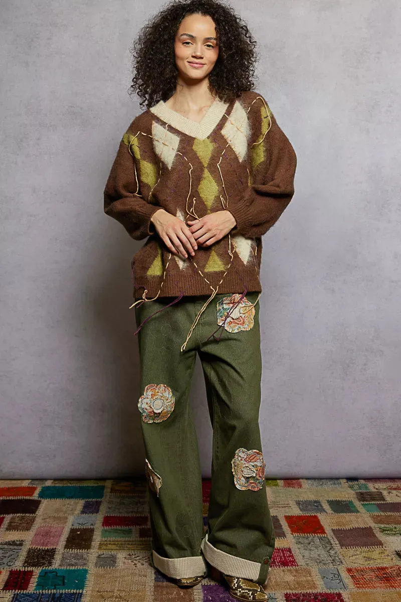 POL V-Neck Argyle Pattern Mohair Sweater with Contrast Exposed Stitch Detail sold by Charming Charlie product image thumbnail 2