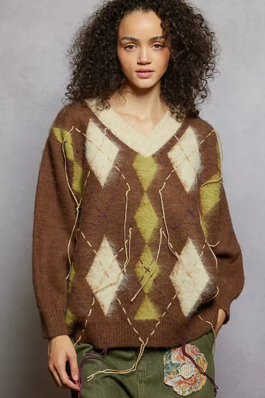 POL V-Neck Argyle Pattern Mohair Sweater with Contrast Exposed Stitch Detail sold by Charming Charlie