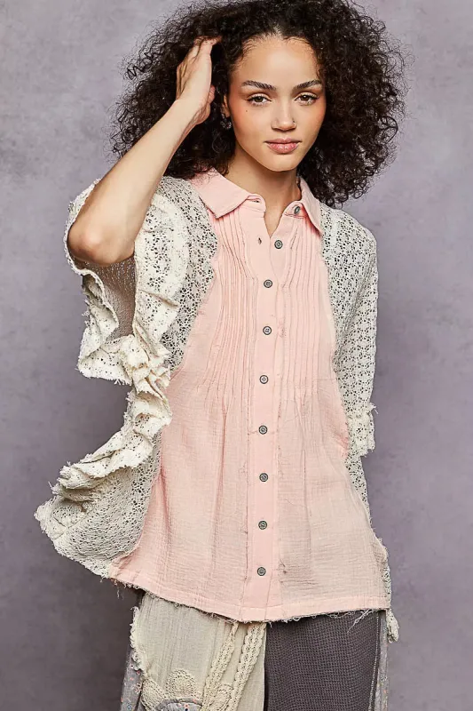 POL Button Down Front Pleated Shirt with Crochet Patch sold by Charming Charlie