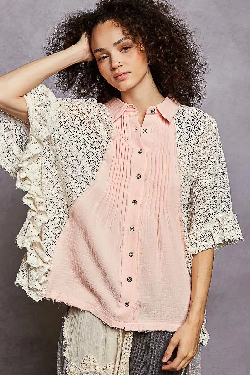 POL Button Down Front Pleated Shirt with Crochet Patch sold by Charming Charlie product image thumbnail 2