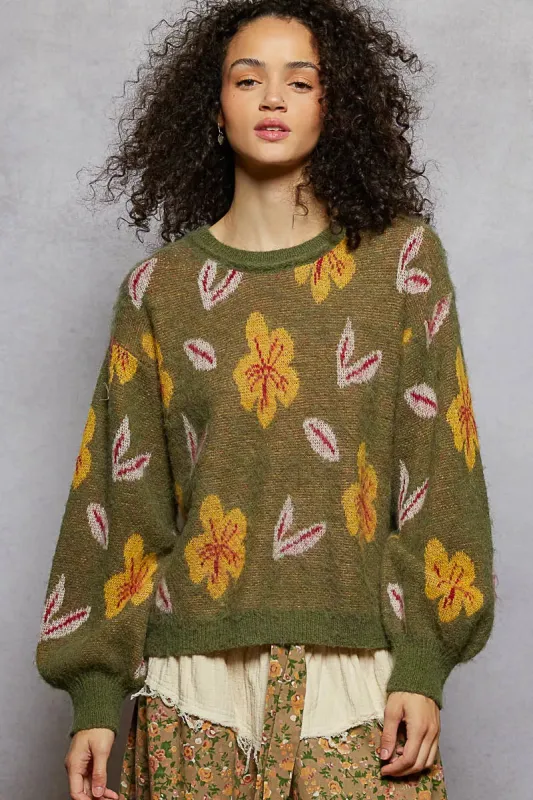 POL Floral Pattern Round Neck Balloon Sleeve Sweater sold by Charming Charlie