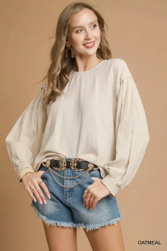 Umgee Linen Scallop Hem Long Sleeve Blouse sold by Charming Charlie