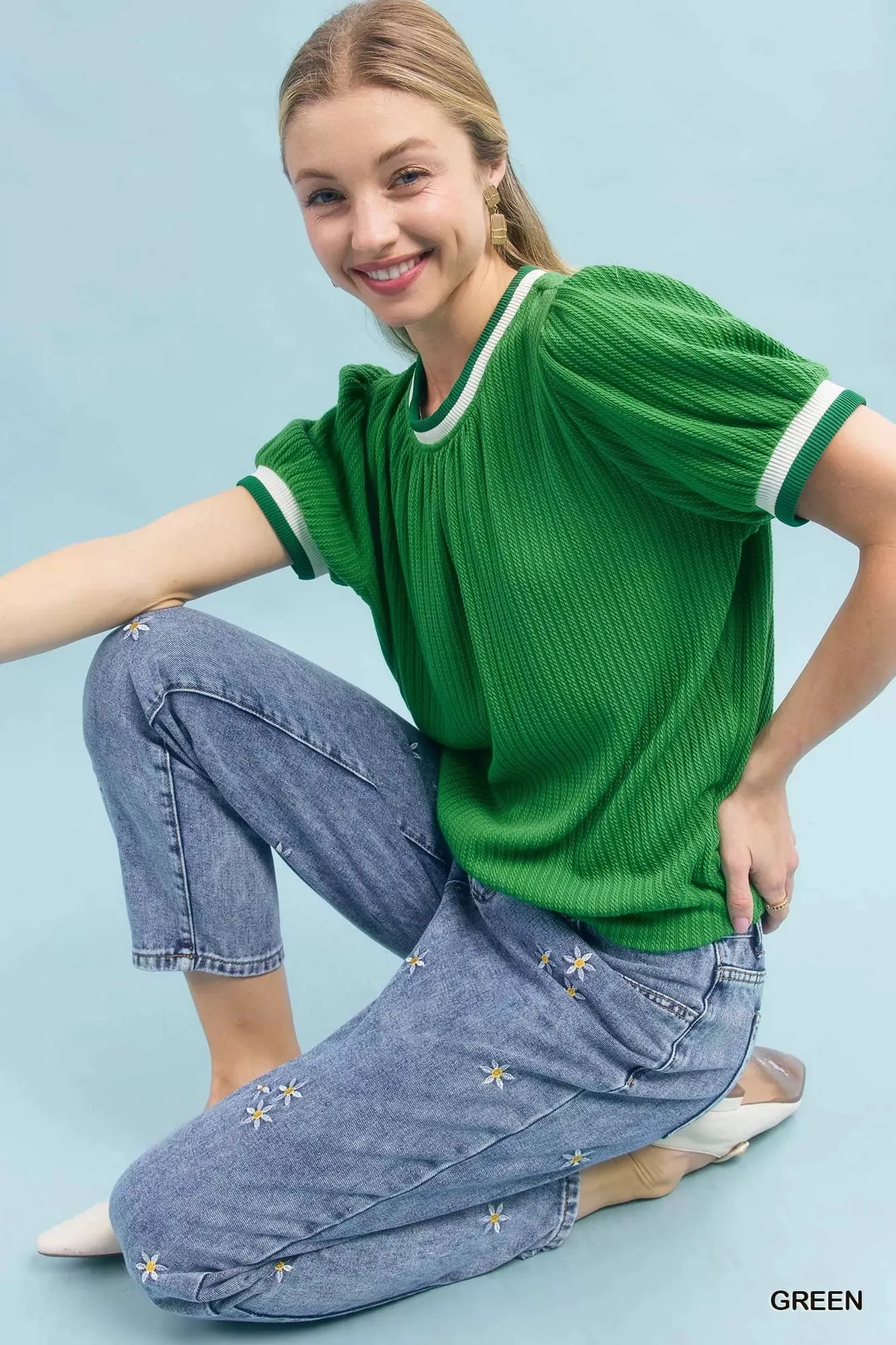 Umgee Puff Sleeve Knit Top with Contrast Rib Trim sold by Charming Charlie product image thumbnail 3