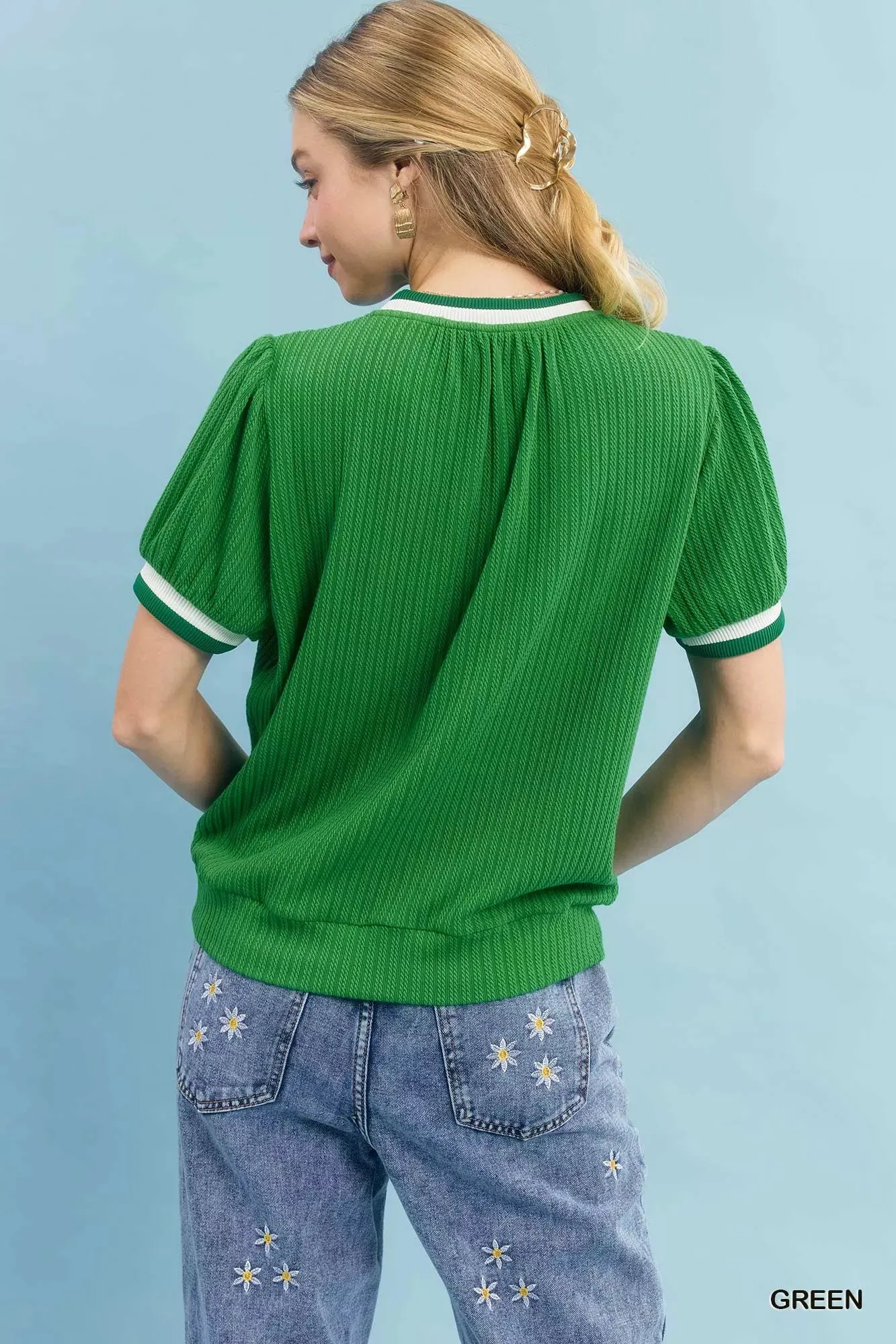 Umgee Puff Sleeve Knit Top with Contrast Rib Trim sold by Charming Charlie product image thumbnail 4