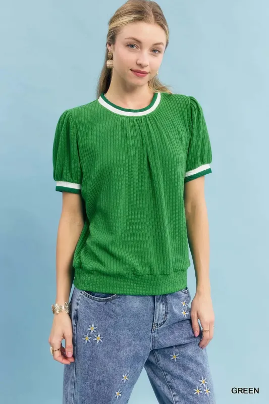 Umgee Puff Sleeve Knit Top with Contrast Rib Trim sold by Charming Charlie