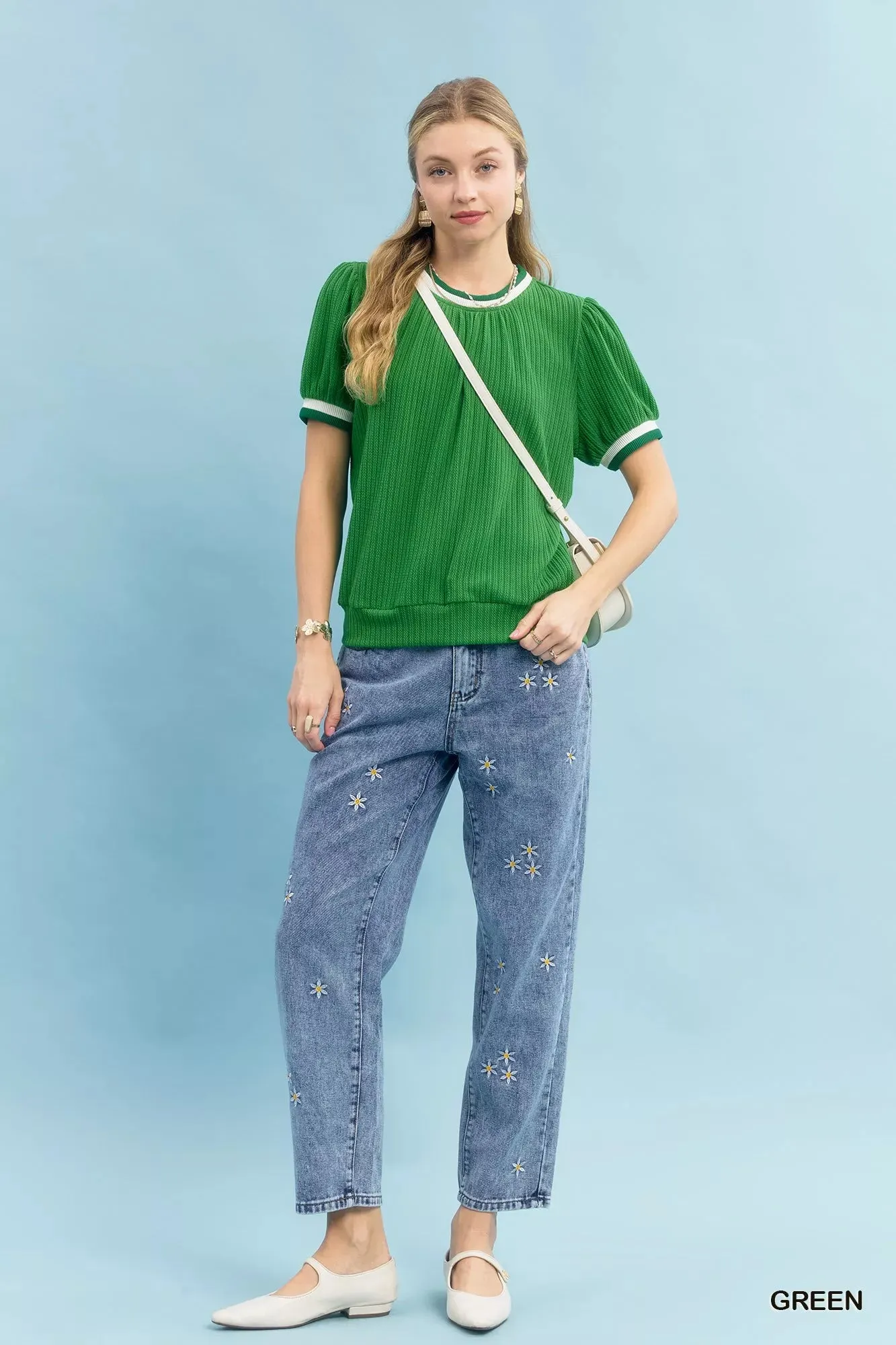 Umgee Puff Sleeve Knit Top with Contrast Rib Trim sold by Charming Charlie product image thumbnail 5