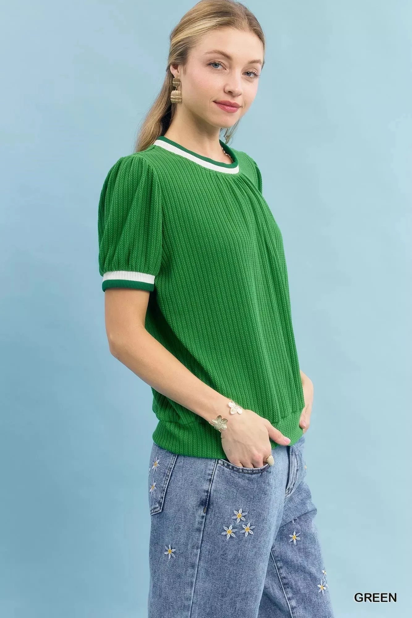 Umgee Puff Sleeve Knit Top with Contrast Rib Trim sold by Charming Charlie product image thumbnail 2