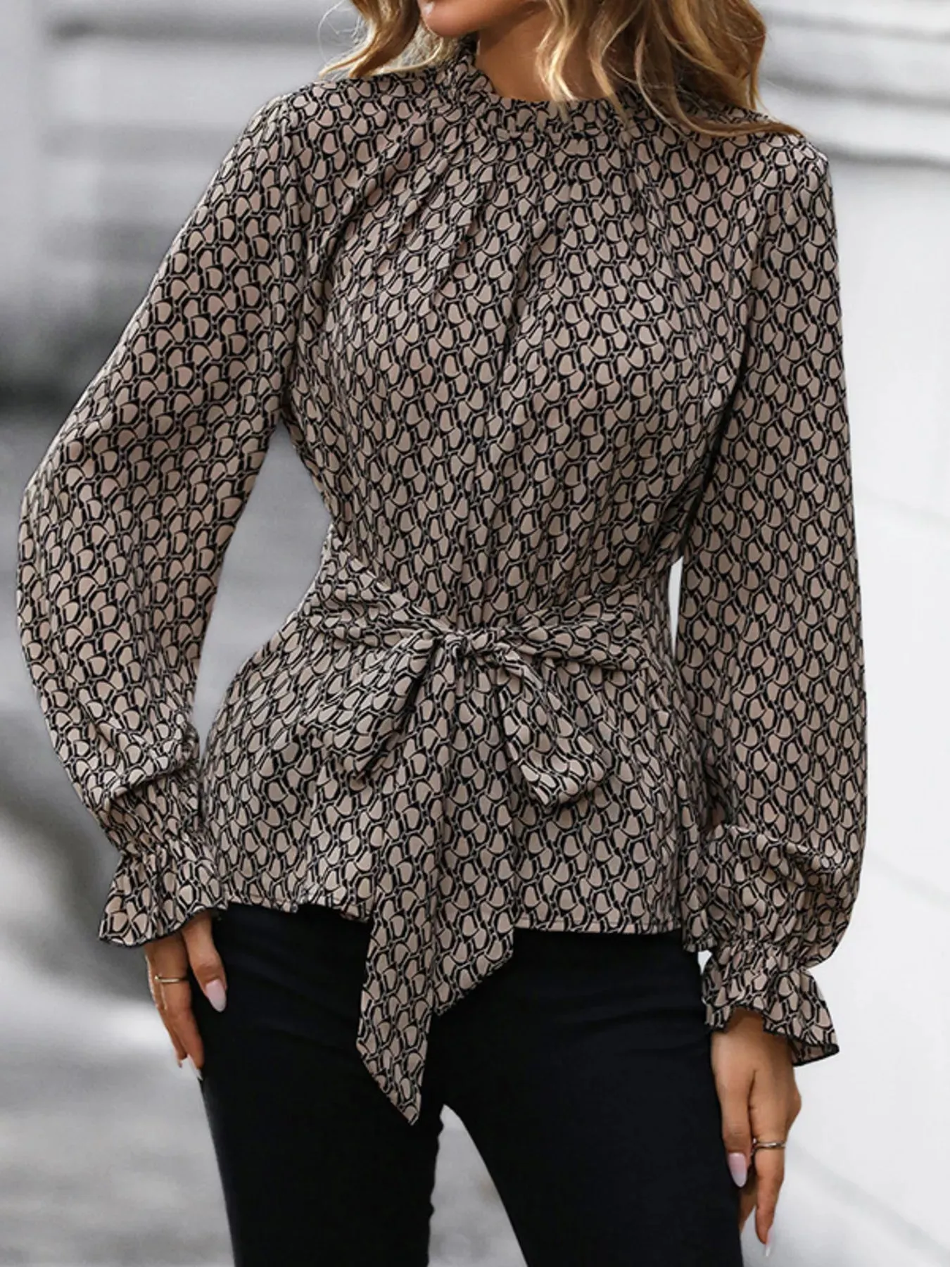 Printed Tie-Waist Flounce Sleeve Blouse sold by Charming Charlie product image thumbnail 5
