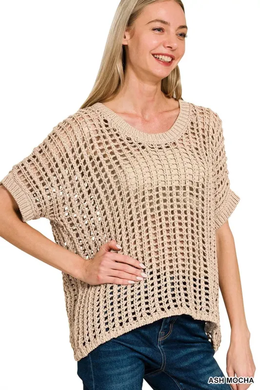 Zenana Fish Net Short Sleeve Crochet Knit Cover Up sold by Charming Charlie