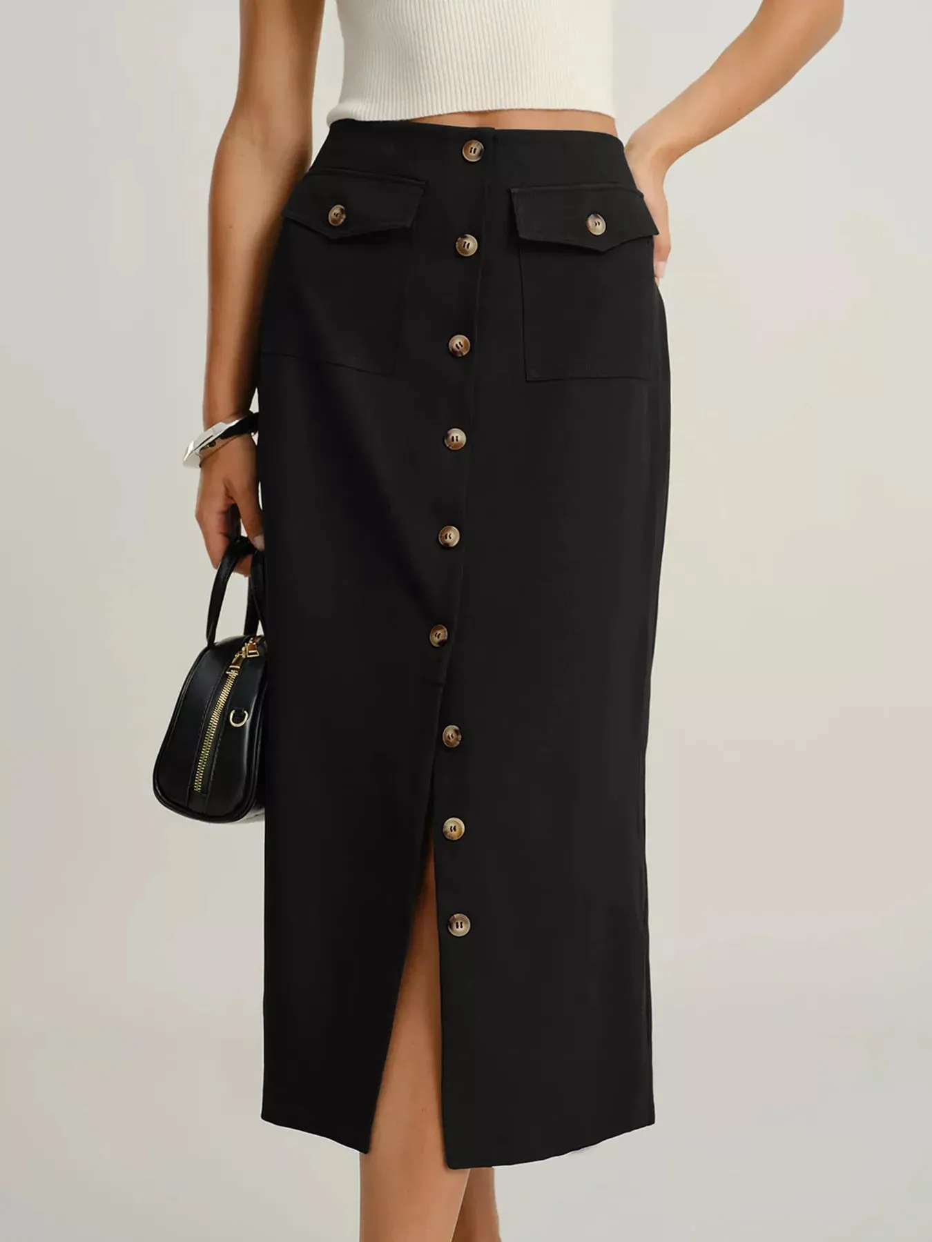Button-Front Midi Skirt with Pockets sold by Charming Charlie