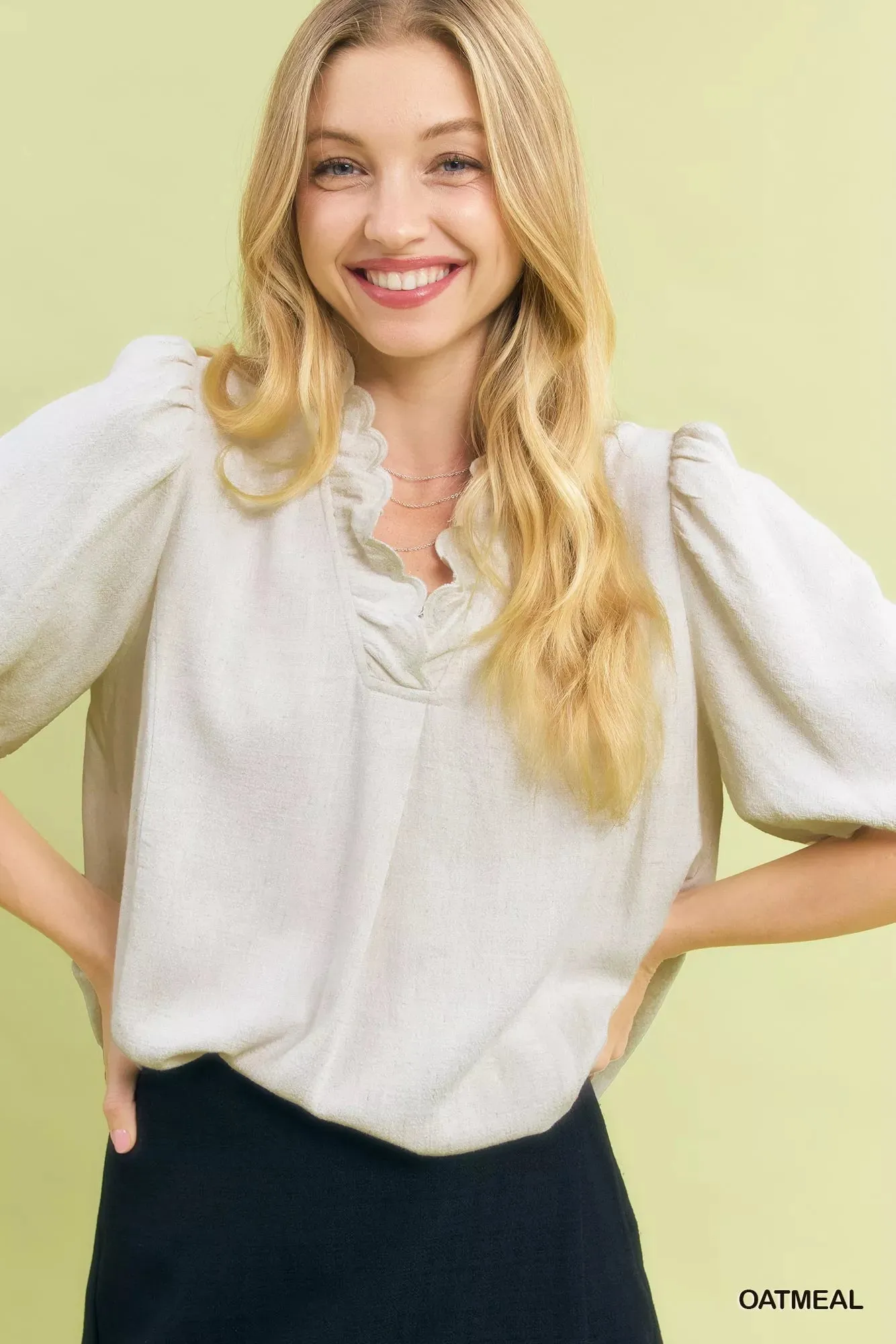 Umgee Linen Scallop Trim V-Neck Blouse sold by Charming Charlie product image thumbnail 5