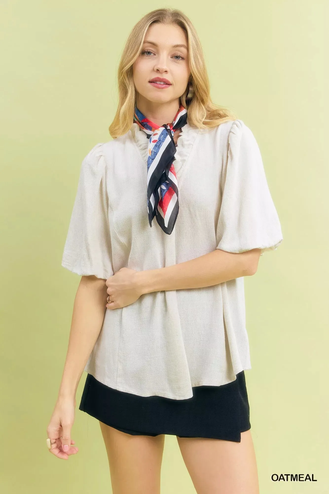 Umgee Linen Scallop Trim V-Neck Blouse sold by Charming Charlie