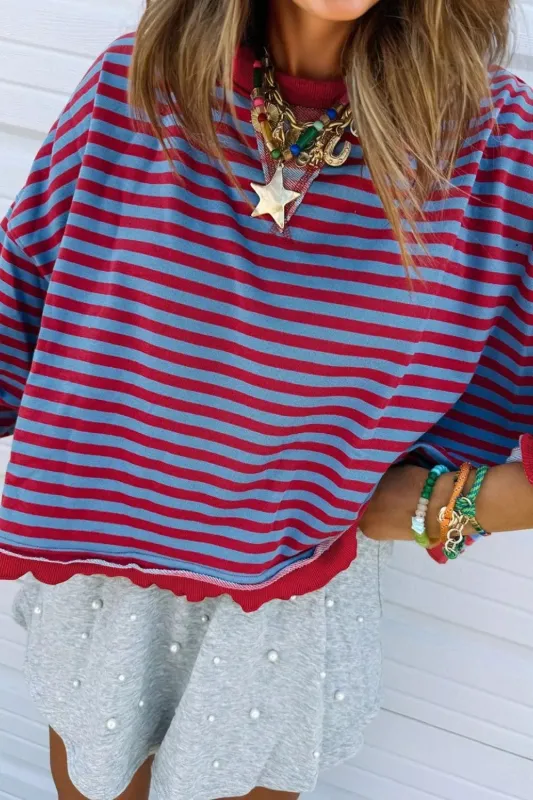 Stripe Exposed Seam Contrast Ribbed Trim Oversize Sweatshirt sold by Charming Charlie