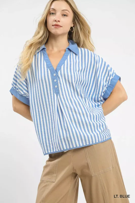 Umgee Stripe Collared Oversized Top made by Trendsi